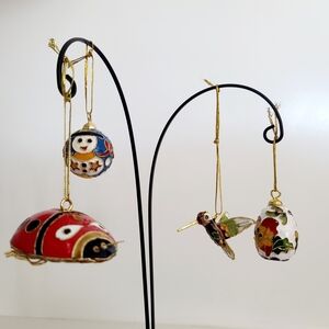 Vtg Set of Four Cloisonné Christmas Ornaments Hummingbird Snowman Ladybug Flower
